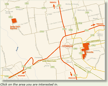 Cittadella Map where the two areas of Rometta and Santa Croce Bigolina have been highlighted in red - CLICK ON THE AREA YOU ARE INTERESTED IN