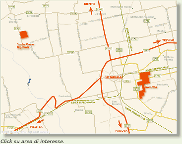 Mappa del comune di Cittadella con indicate in rosso le due aree di Rometta e Santa Croce Bigolina - CLICK SU AREA DI INTERESSE